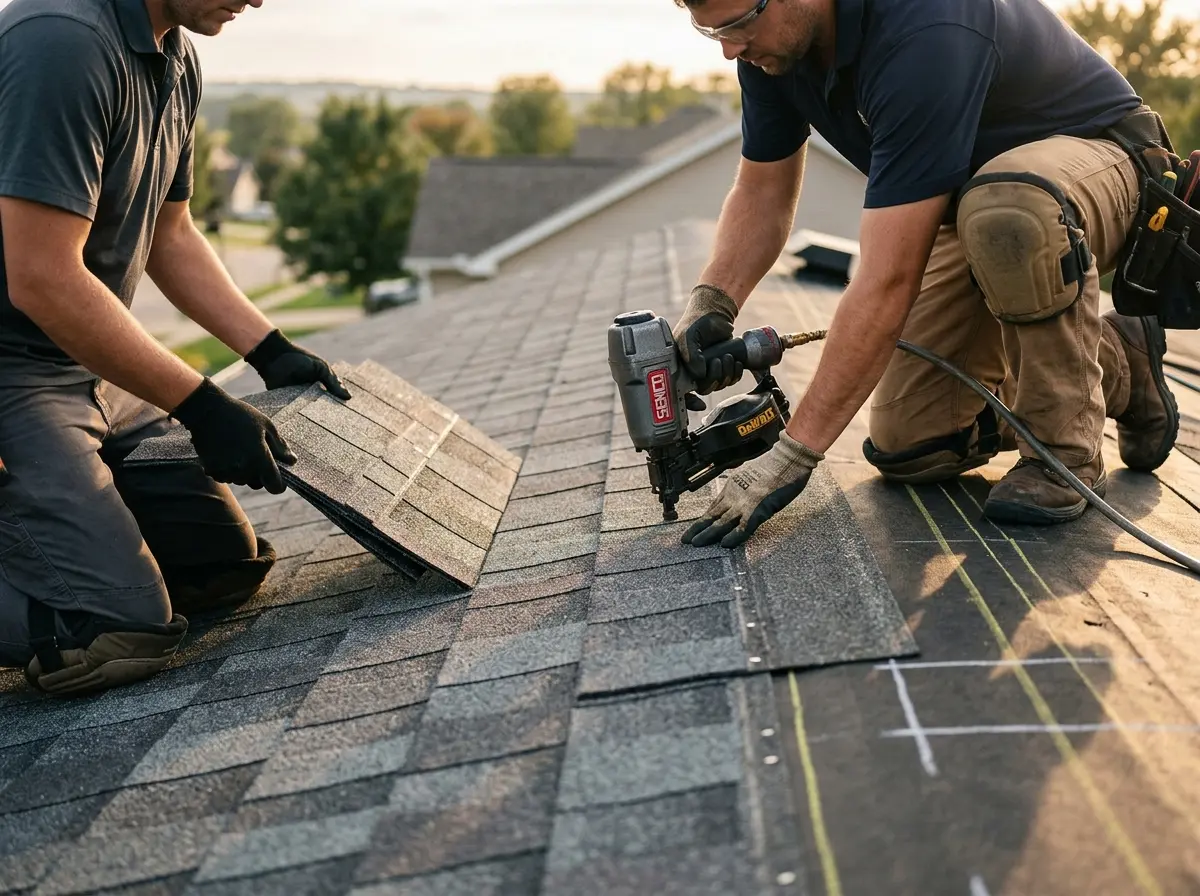 Professional roofer working on a residential roof in Mapleton